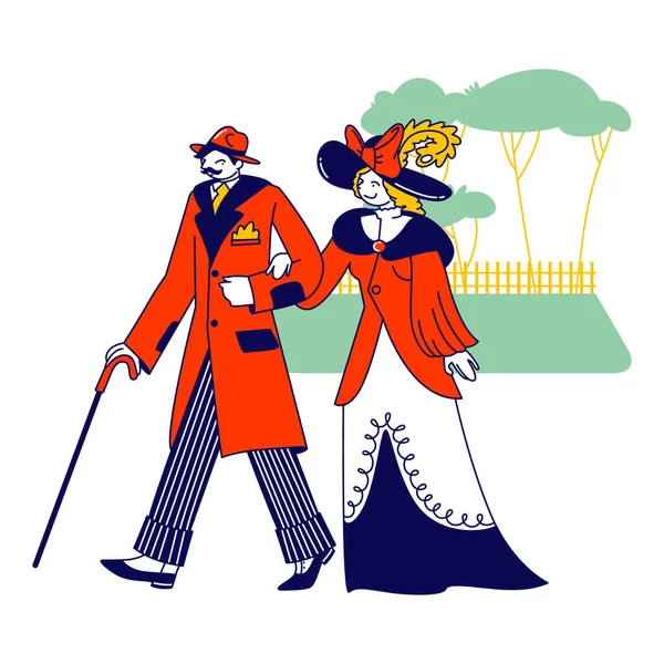 Whiskered Man and Elegant Lady Characters of Nineteenth Century Walking on Nature (en inglés). Ropa de caballero inglés en traje, sombrero y bastón a la antigua. Moda Vintage. Personas lineales Vector Ilustración — Vector de stock