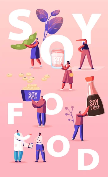 Soy Products Concept. Organic Natural Food of Soya Beans. Sauce, Meat and Milk from Legume Pods, Tiny Characters Eat Healthy Snacks and Meal Poster Banner Flyer. Cartoon People Vector Illustration — Stock Vector