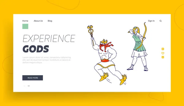 Grecia Personajes mitológicos Plantilla de Landing Page. Dioses olímpicos Hermes o Mercurio Patrón del Comercio y Antigua Diosa de los Cazadores Artemisa o Diana en el Olimpo de la Montaña. Personas lineales Vector Ilustración — Archivo Imágenes Vectoriales