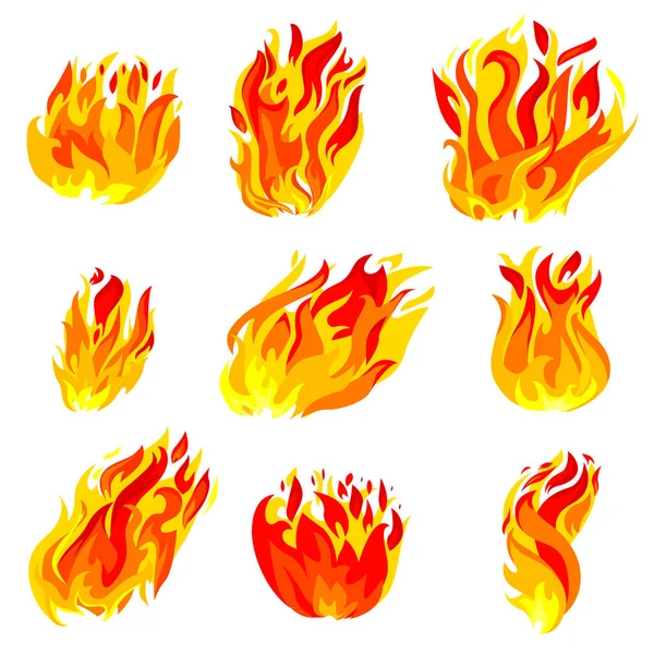 Fuoco, Fiamma Fiamma Isolato Icone impostato su sfondo bianco. Bruciare fuoco o candela Blaze Effetto, arancio bagliore e giallo brillante Flare Design Element. Illustrazione vettoriale del fumetto, animazione, clip art — Vettoriale Stock