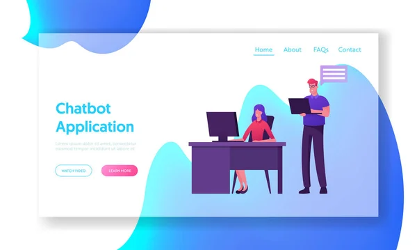 Receptionist tecnico, servizio di chat bot, supporto clienti Landing Page Template. Ragazza Hotline Consulente personaggio Chiacchierare con il cliente in Call Center Rispondere alle domande. Illustrazione del vettore del fumetto — Vettoriale Stock