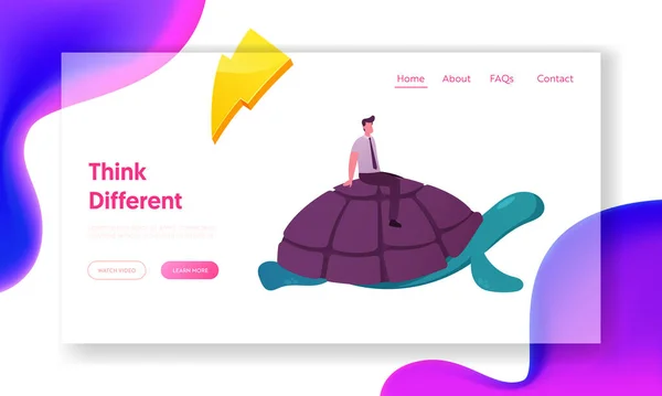 Företagstävling, Acceleration och Progress Landing Page Mall. Affärsman Karaktär Riding Enorma Turtle. Långsam rörelse till framgång, Manager Driving Giant sköldpadda. Tecknad vektor Illustration — Stock vektor