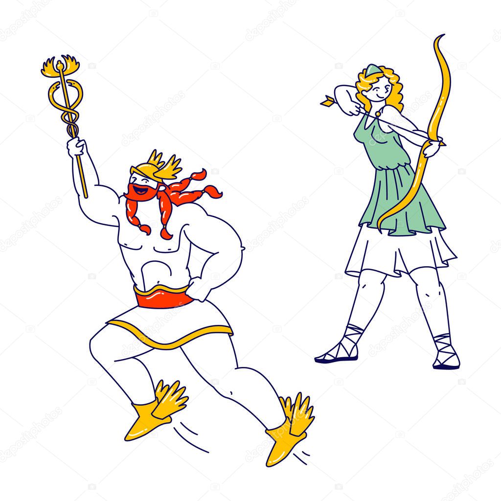 Olympic Gods Hermes or Mercury Patron of Trade and Youth and Ancient Goddess of Hunters Artemis or Diana on Mountain Olympus. Greece Mythology Heroes Characters. Linear People Vector Illustration