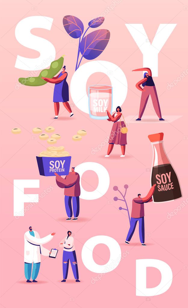 Soy Products Concept. Organic Natural Food of Soya Beans. Sauce, Meat and Milk from Legume Pods, Tiny Characters Eat Healthy Snacks and Meal Poster Banner Flyer. Cartoon People Vector Illustration