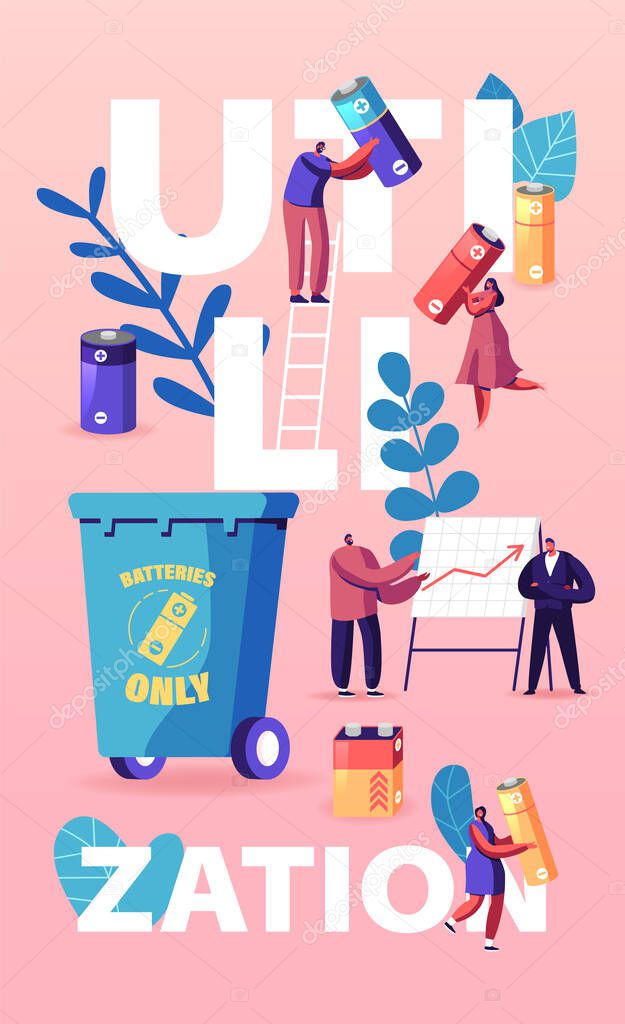 Utilization, Recycle Concept. People Put Used Battery to Container, Characters Garbage Disposal, Clean Environment, Ecology Environmental Conservation Poster Banner Flyer. Cartoon Vector Illustration