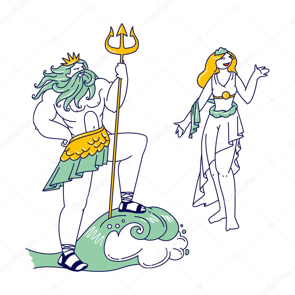 Olympic Gods Poseidon or Neptune Wearing Crown and Trident, God of Sea and Ocean and Aphrodite or Venus Goddess of Love and Beauty. Greek Myths and Legend Characters. Linear People Vector Illustration