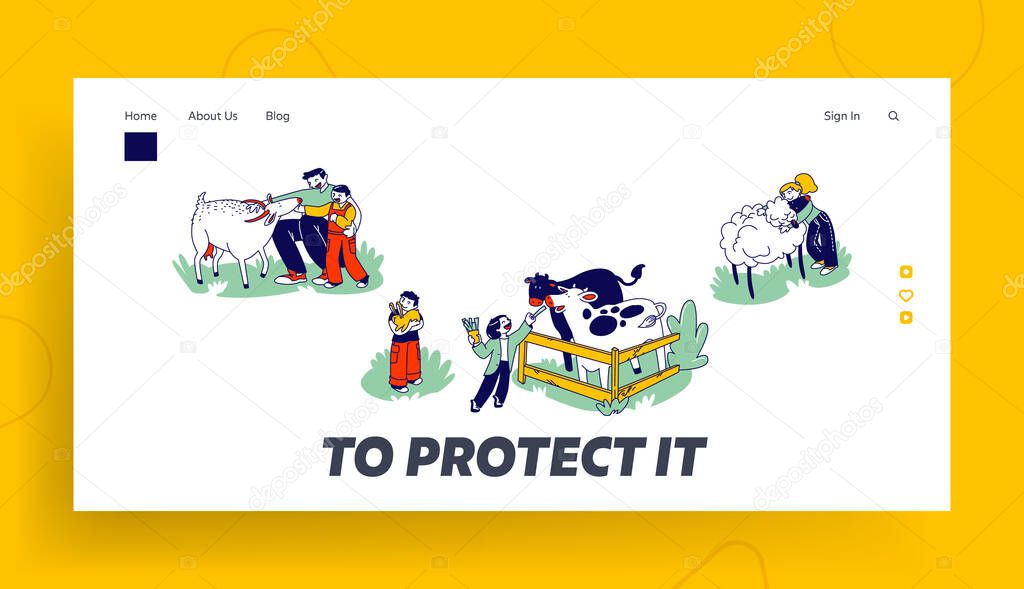 Little Kids Visit Farming Zoo with Parents Landing Page Template. Children Characters Petting Domestic Animals Care of Cows, Sheep, Rabbits and Goat on Weekend. Linear People Vector Illustration
