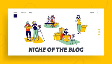 Posta Sevkiyatı Günlük İniş Sayfası Şablonu. Bloggers Karakterleri İnternet için Paket Kutuları Açma Boks Videosu Açıyor. Canlı Yayın Sosyal Medya. Doğrusal İnsanlar Vektör İllüstrasyonu