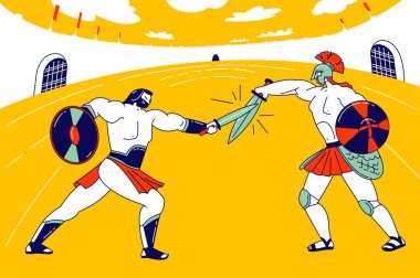 Kolezyum Arena 'sında Barbarla Savaşan Gladyatör Karakteri, Antik Roma Zırhlı Savaşçısı ve Kılıçlarda Mağara Savaşçısı, Kalkan Savaş Gösterisi' nde Yunan Askeri. Doğrusal İnsanlar Vektör İllüstrasyonu
