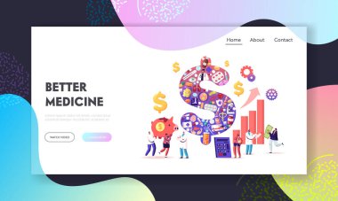 Medicine Price, Pharmacy, Health and Accessibility Landing Page Template. Tiny Characters around of Huge Dollar Sign Made of Drugs and Medical Stuff. People Buy Remedy. Cartoon Vector Illustration
