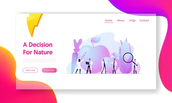 Нові методи селекції рослин та сільськогосподарської генетики Landing Page Template. Лабораторні дослідні рослини ростуть у випробувальних трубах. Вчені персонажі та величезні фрукти. Мультфільм Люди Векторні ілюстрації — стоковий вектор