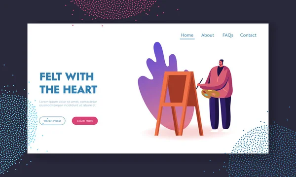 Heart Landing Page Şablonu ile Mesleği Seç. Easel Tuval Boyama 'da Boyalı ve Fırça Durağı' nda Erkek Sanatçı Karakteri. Plein Hava Sanatları Dersinde Yaratıcı Hobi Çizimi. Çizgi film Vektör İllüstrasyonu