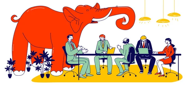 Enorme Red Elephant Trumpet Binnen van Modern Office met zakelijke mensen karakters Zittend op Board Meeting Het hebben van een gesprek. Concept van onopgeloste en vermeden problemen. Lineaire vectorillustratie — Stockvector