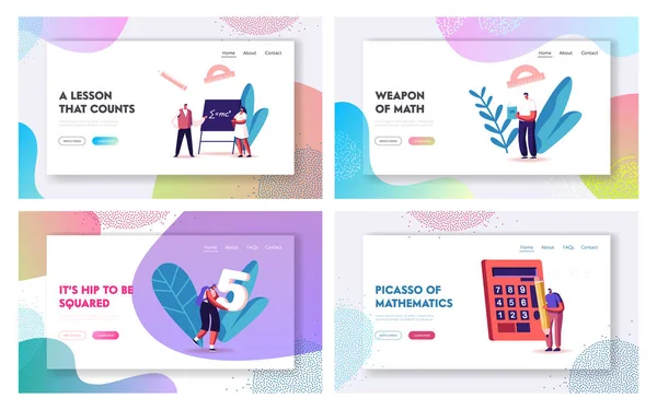 Matematik, Cebir ve Trigonometri Bilimi İniş Şablonu Ayarları. Erkek ve Bayan Öğrenci Karakterleri Formülleri Öğreniyor, Sınava Hazırlanın. Üniversitede insanlar okuyor. Çizgi film Vektör İllüstrasyonu