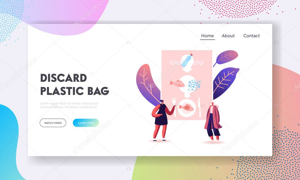 Pollution, Microplastic in Food Ecological Problem Landing Page Template. Female Characters Presenting Infographics of Micro Plastic Pieces Got into Fish Dish. Cartoon People Vector Illustration