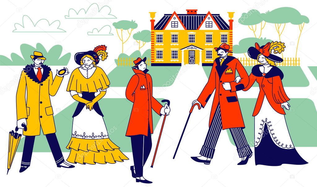 Vintage Gentlemen Wearing Hats and Walking Cane and Ladies Characters in Beautiful Dresses Walk on Antique Palace Landscape with Fields. Retro Male Female Fashion. Linear People Vector Illustration