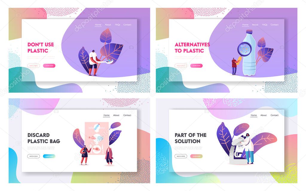 Microplastic Dangerous Additives in Water and Food Landing Page Template Set. Global Ocean Pollution Problem. Tiny Characters with Microscope and Magnifying Glass. Cartoon People Vector Illustration