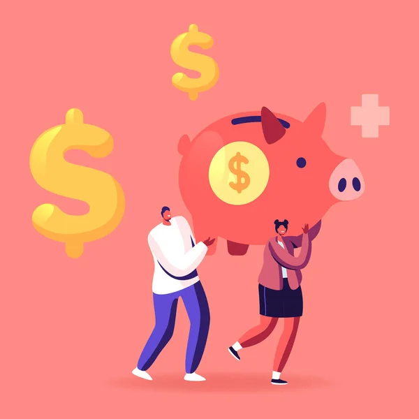 Man en vrouw karakters dragen Enorme Piggy Bank met Dollar Sign en Medical Cross. Geneesmiddelenprijs — Stockvector