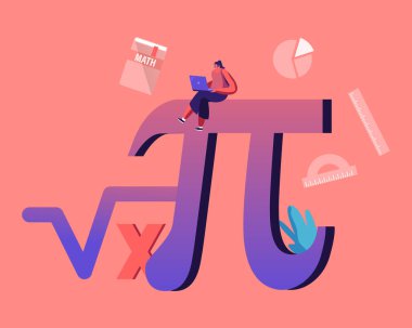 Matematik bilimi ve cebir kavramı. Devasa İşaretli Pi üzerinde oturan Dizüstü bilgisayarlı Küçük Öğrenci Kadın Karakteri