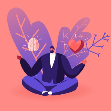 Gelişigüzel Kapanış Yapan Genç Adam Elinde Beyin ve Kalple Meditatif Lotus Duruşunda Oturuyor