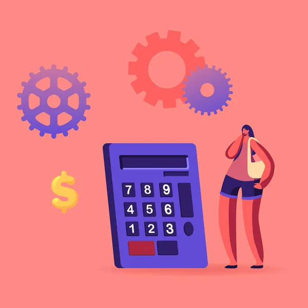 Женщина стоит у огромного калькулятора, колес и знака доллара вокруг. Медицинские расходы, стоимость лекарств — стоковый вектор