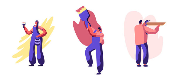 Set of Men and Women with Tools Repair Home. Call Master at Work, Husband for an Hour Service