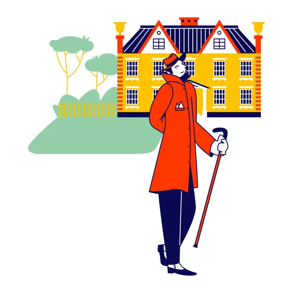 Vintage Gentleman Character Wearing Hat and Retro Coat Holding Walking Cane in Hand Stand front of Beautiful Cottage — Stock Vector