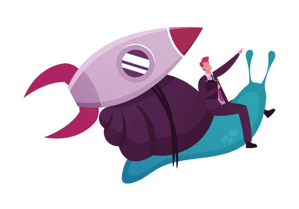 Affärsaccelerationskoncept. Affärsman Riding Flying Snail med raketturbin. Startprojekt, karriärutveckling — Stock vektor