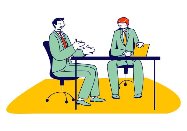 Пара мужских деловых персонажей, сидящих за столом переговоров в конференц-зале или офисе босса — стоковый вектор