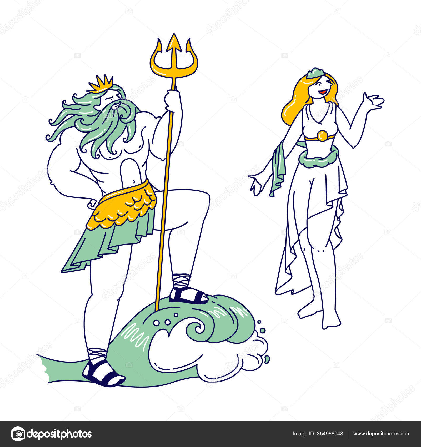 Deuses olímpicos Poseidon ou Neptuno vestindo coroa e tridente, Deus do mar  e do oceano e Afrodite ou Vênus Deusa Vetor de ©vectorlab 354966048, image size:1600x1700