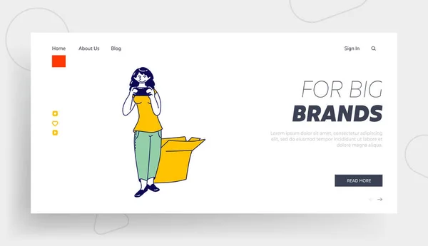 Female Character Make Broadcasting Expertise for Beauty Product Landing Page Template. Современная девушка-флюенсер — стоковый вектор