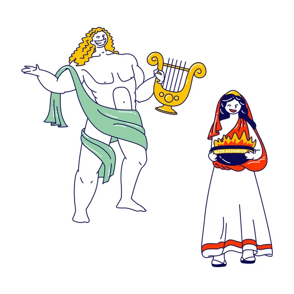 Dioses Griegos Antiguos Personajes Appolon o Phoebus Patrón de la Luz y las Artes y Hesita o Vesta Patrona de la Tierra — Vector de stock