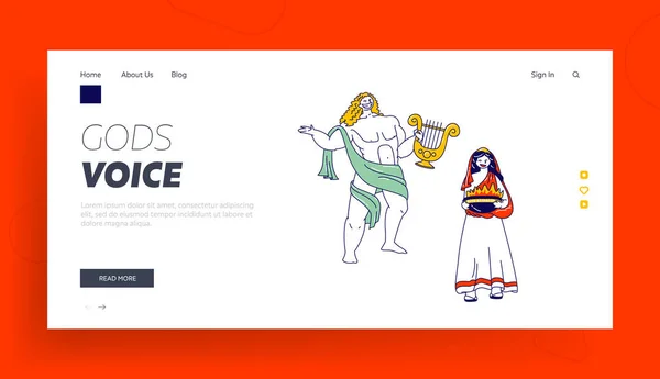 Oude Griekse Goden Karakters Landing Page Template. Appolon of Phoebus Beschermer van Licht en Kunst en Hesita — Stockvector