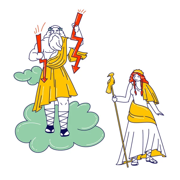 希腊众神宙斯、朱庇特或朱庇特和他的妻子赫拉或朱诺在奥林匹斯山上。希腊众神的幻想人物 — 图库矢量图片