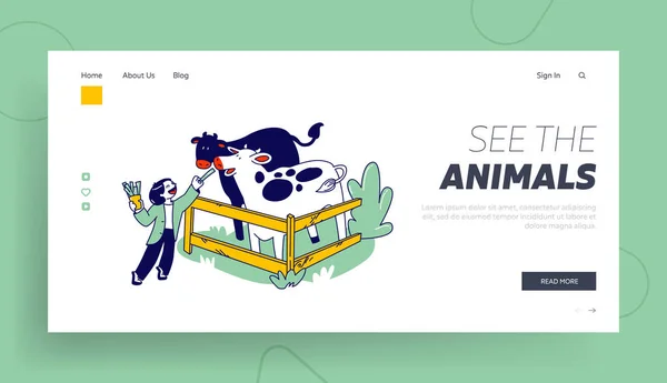 Bambino personaggio trascorrere del tempo in Animal Petting Park Landing Page Template. Allegro bambino che alimenta le mucche carine — Vettoriale Stock