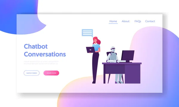 Artificial Intelligence in Human Life, Chatbot Service Landing Page Template. Robot Sitting at Desk with Computer — Stock Vector