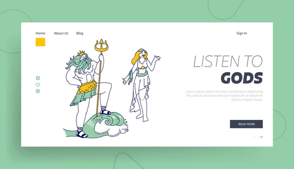 Plantilla de landing page de dioses olímpicos. Poseidón o Neptuno Dios del Mar y el Océano y Afrodita o Venus Diosa del Amor — Vector de stock