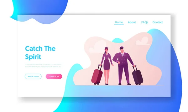 Luftfahrtversicherung Landing Page Template. Pilotin und Stewardess mit Gepäck bereiten Fliegen im Flugzeug vor — Stockvektor