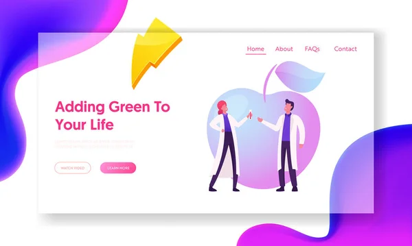 Jordbruksgenetik Landning Page Template. Forskare som tittar i provrör med herbicid — Stock vektor