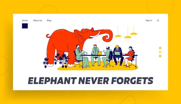 問題の解決と回避ランディングページテンプレート.ビジネスマンと現代のオフィスで巨大な赤い象のトランペット — ストックベクタ