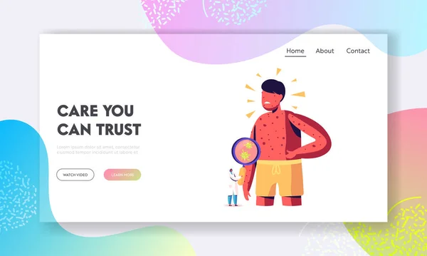 Varicella Varicella Sintomi Landing Page Template. Piccolo personaggio medico con lente d'ingrandimento Guardando i germi — Vettoriale Stock