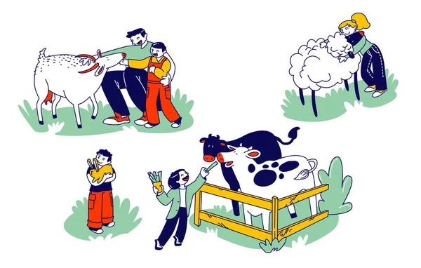 Little Kids Visit Farming Zoo with Parents. Children Characters Petting Domestic Animals Care of Cows, Sheep, Rabbits and Goat. Father and Boy Spend Time on Weekend. Linear People Vector Illustration Stock Vector