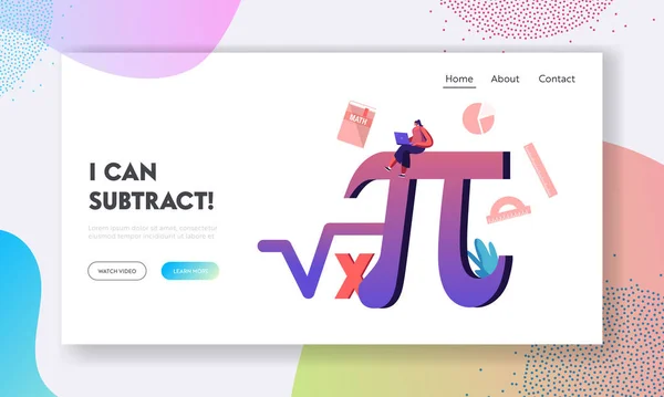 Matematika Tudomány és Algebra Landing Page Template. Apró Student Női karakter Laptop — Stock Vector