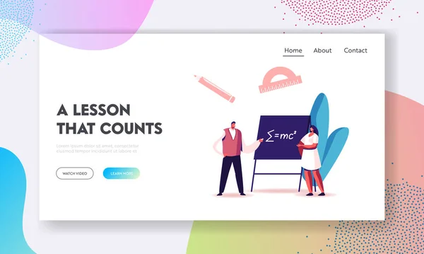 Hoger onderwijs in University of College Landing Page Template. Leraar Man Karakter Leg wiskunde uit — Stockvector