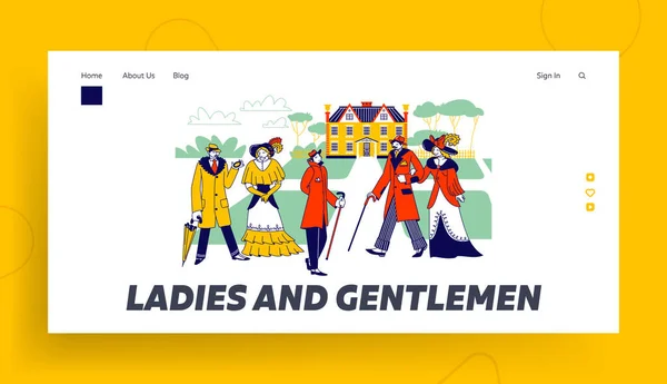 Victorian Masculino Feminino Personagens em Vestidos Bonitos Landing Page Template. Vintage Gentlemen and Ladies Walk — Vetor de Stock