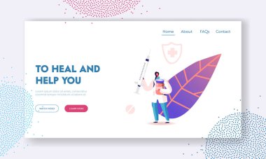 Suçiçeği Aşısı, Mikroplar ve Bakteri Hastalıkları İniş Şablonu. Kadın Doktor Karakteri Büyük Şırınga Taşır