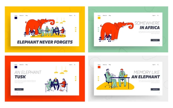 Red Elephant in Office Landing Page Template Set. Geschäftsleute, die im Büro sitzen und diskutieren, ignorieren ungelöste Probleme — Stockvektor