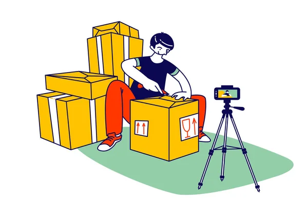 Online-Paketauspackkonzept. Influencer Male Character Unboxing Kaufen Video für Internet Shopping Blog — Stockvektor
