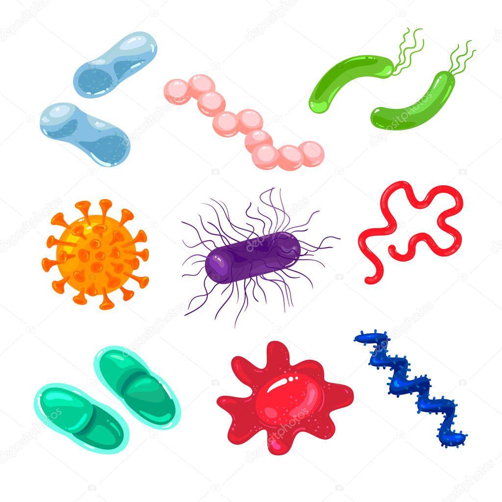 Set of Bacteria, Germs and Viruses Icons, Pathogen Microbes Characters and Colorful Cells Isolated on White Background, Microbiology Research, Microscope View Bacterium Cartoon Vector Illustration