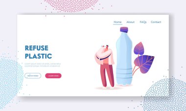 Mikro Plastik Kirlilik İniş Şablonu. Minik Erkek Karakteri Mikroplastik Parçalı Şişe Suyu İçiyor